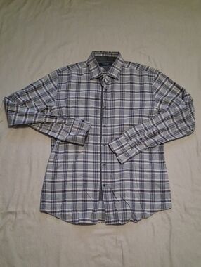 Burberry Vintage Men's Gray Plaid Button-Down Shirt with Blue